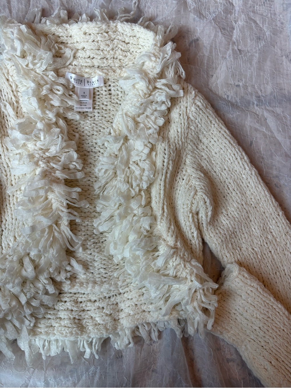 White House Black Market Cream Fringe-Trim Knit Cardigan